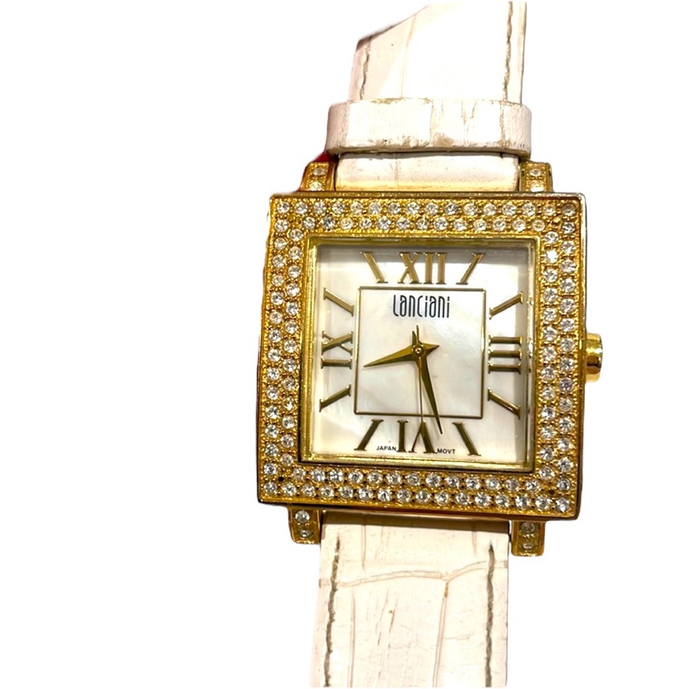 Lanciani Stainless Steel watch with white leather band. GUC